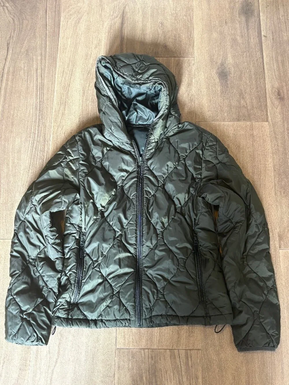 H&M Mens Quilted Hooded Puffer in Khaki Green, Size S